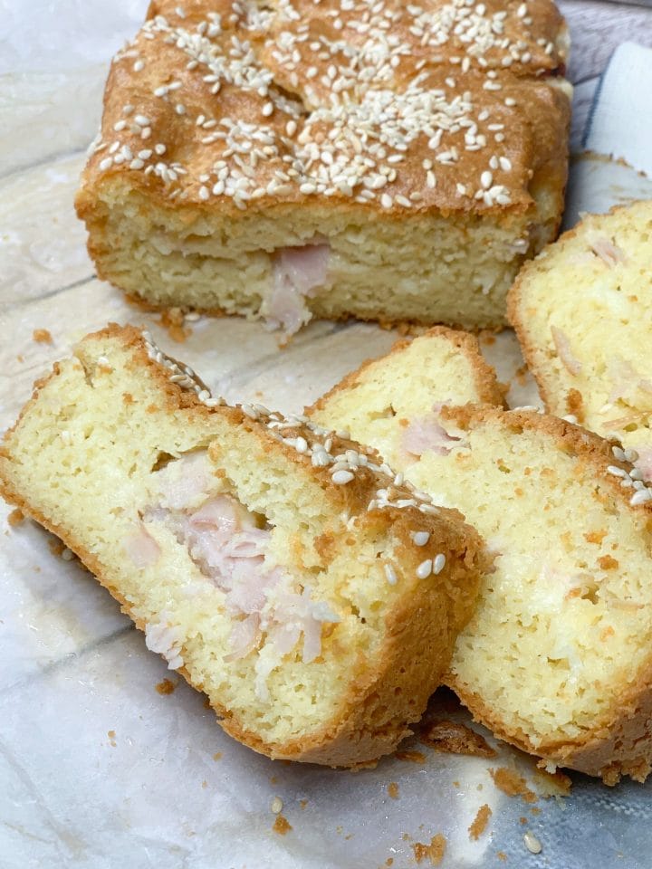 Photo of low carb almond bread with ham and cheese cut in slices
