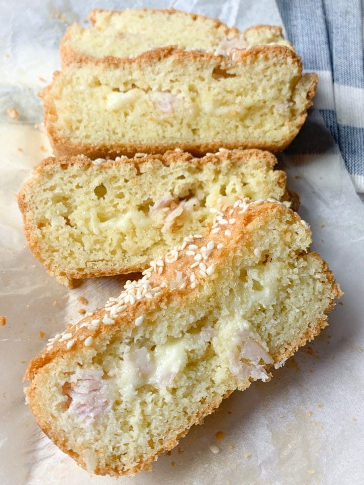 Picture of slices of almond flour bread with ham and cheese