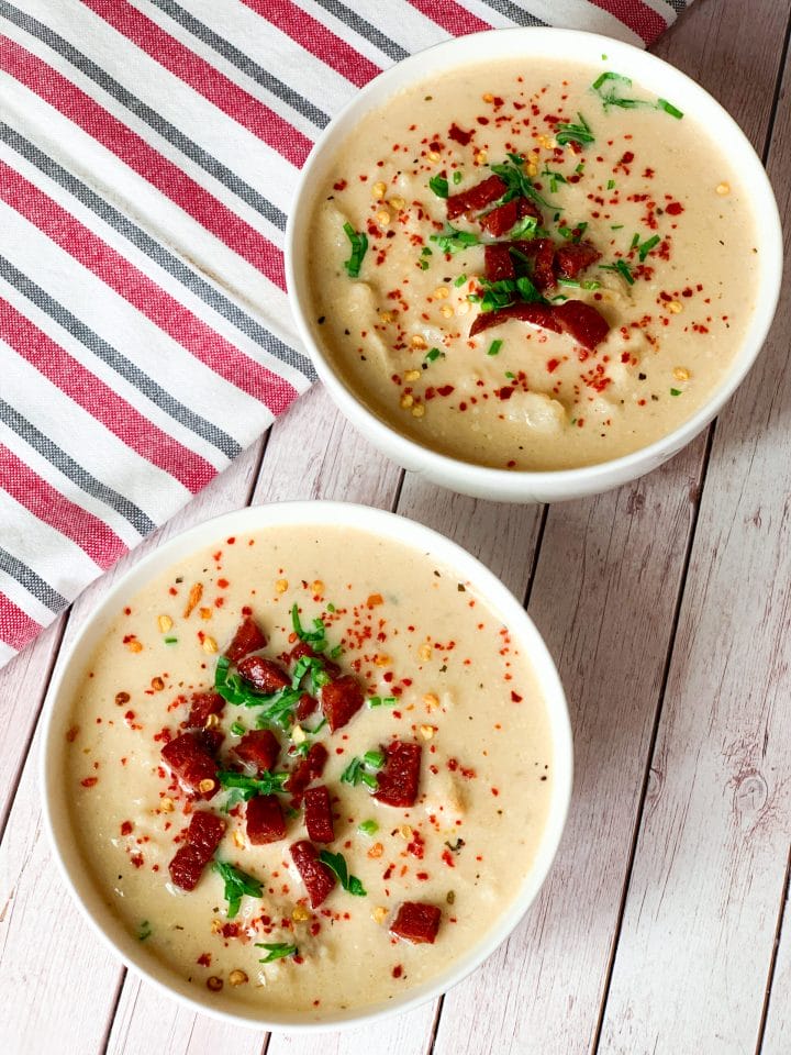 Picture of two bowls of keto chowder cauliflower chowder keto