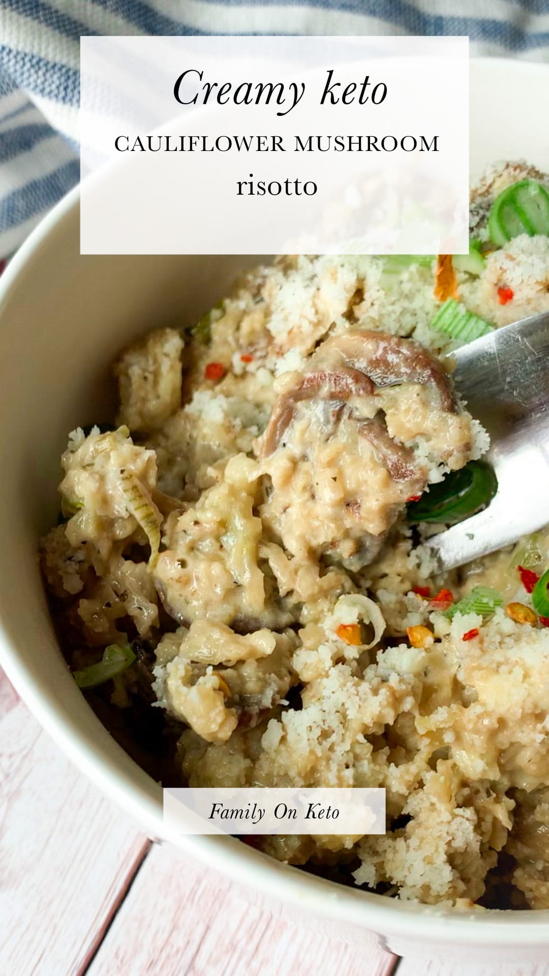 Photo of creamy keto cauliflower risotto with mushrooms and cheese