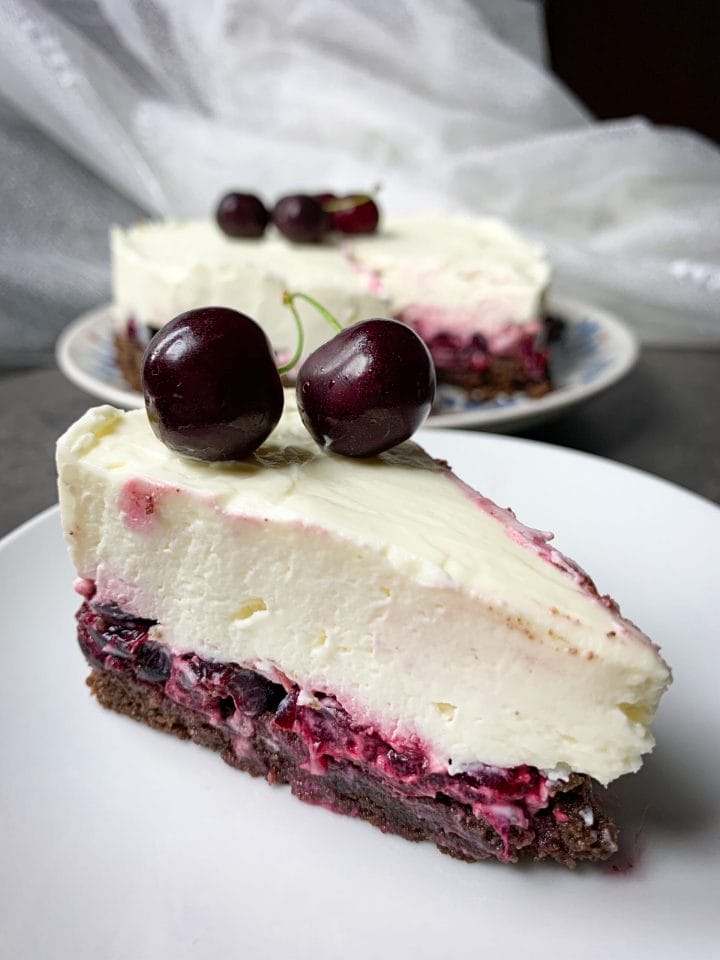 Photo of cherry cheesecake slice on a plate