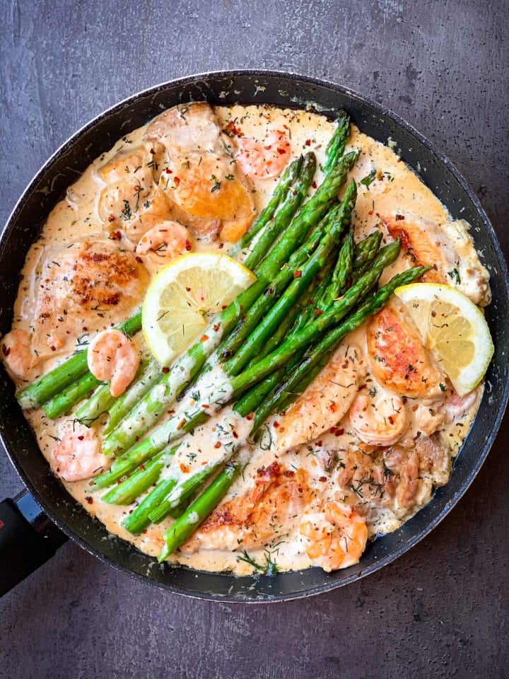 Picture of chicken with lemon butter sauce in one skillet with asparagus 