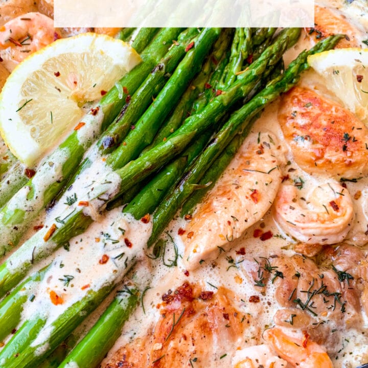 Picture of one skillet chicken with lemon sauce, shrimps and asparagus with fresh dill
