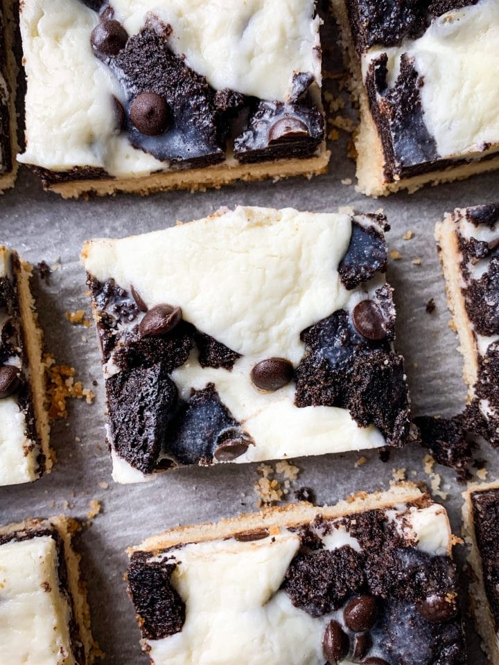 Picture of low carb magic cookie bars with chocolate chips and cheesecake filling