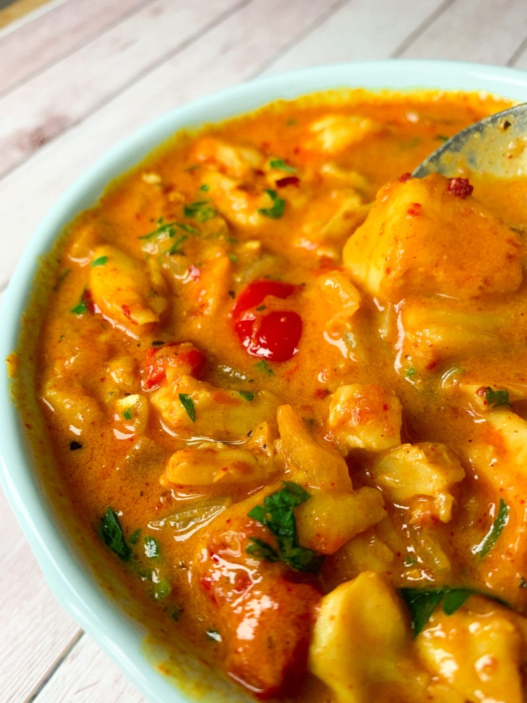 Picture of low carb seafood curry chowder with coconut and tomato