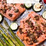 Picture of keto sheet pan salmon dinner with asparagus and zucchini