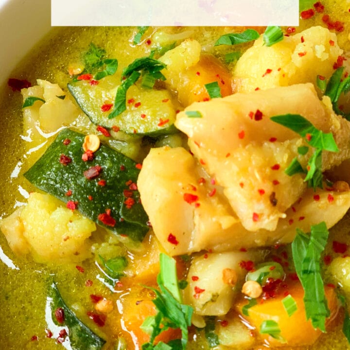 Picture of cod fish stew with veggies and coconut milk, dairy free keto fish dinner