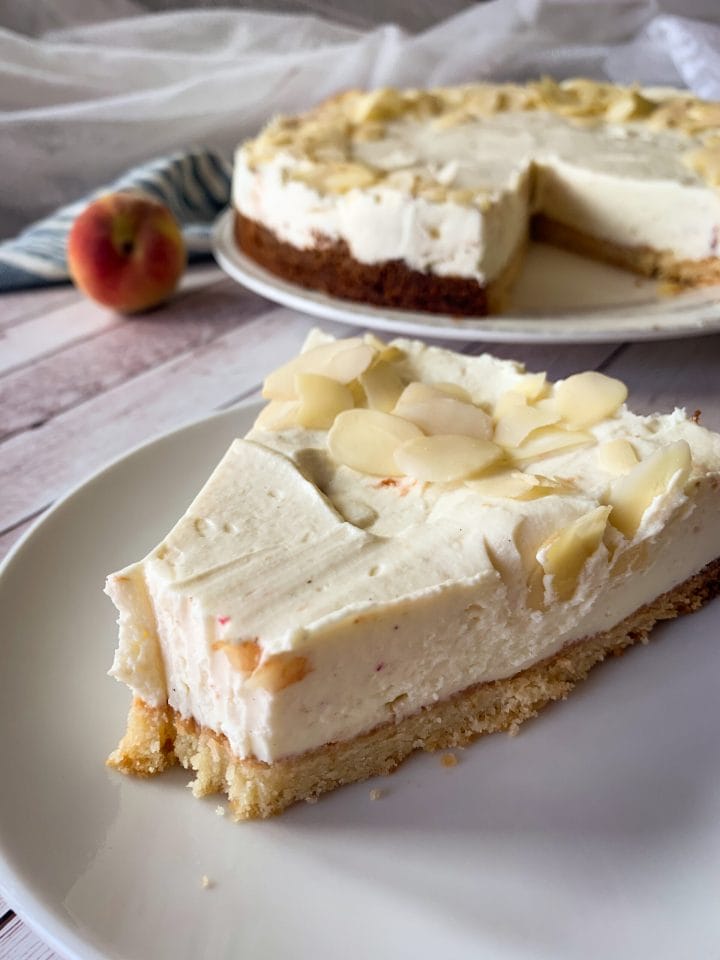 Picture of a slice of low carb peach cheesecake