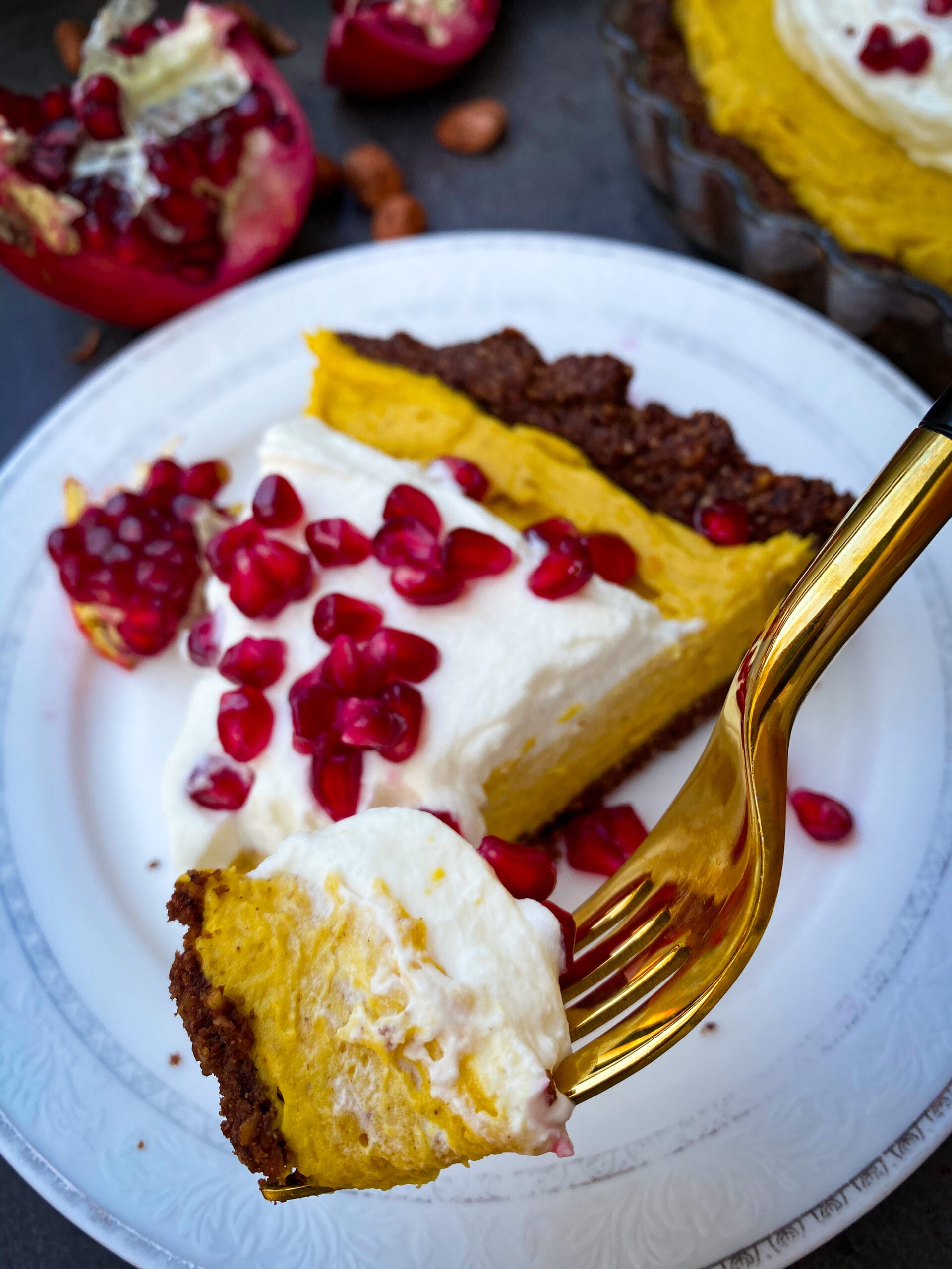 Picture of a slice of low carb pumpkin pie cheesecake