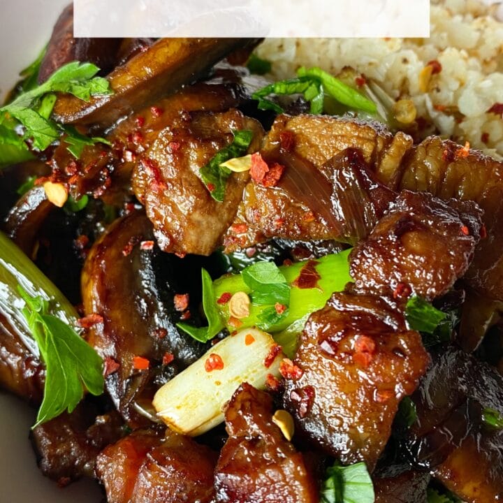 Picture of a bowl of keto Vietnamese caramel pork belly with cauliflower rice