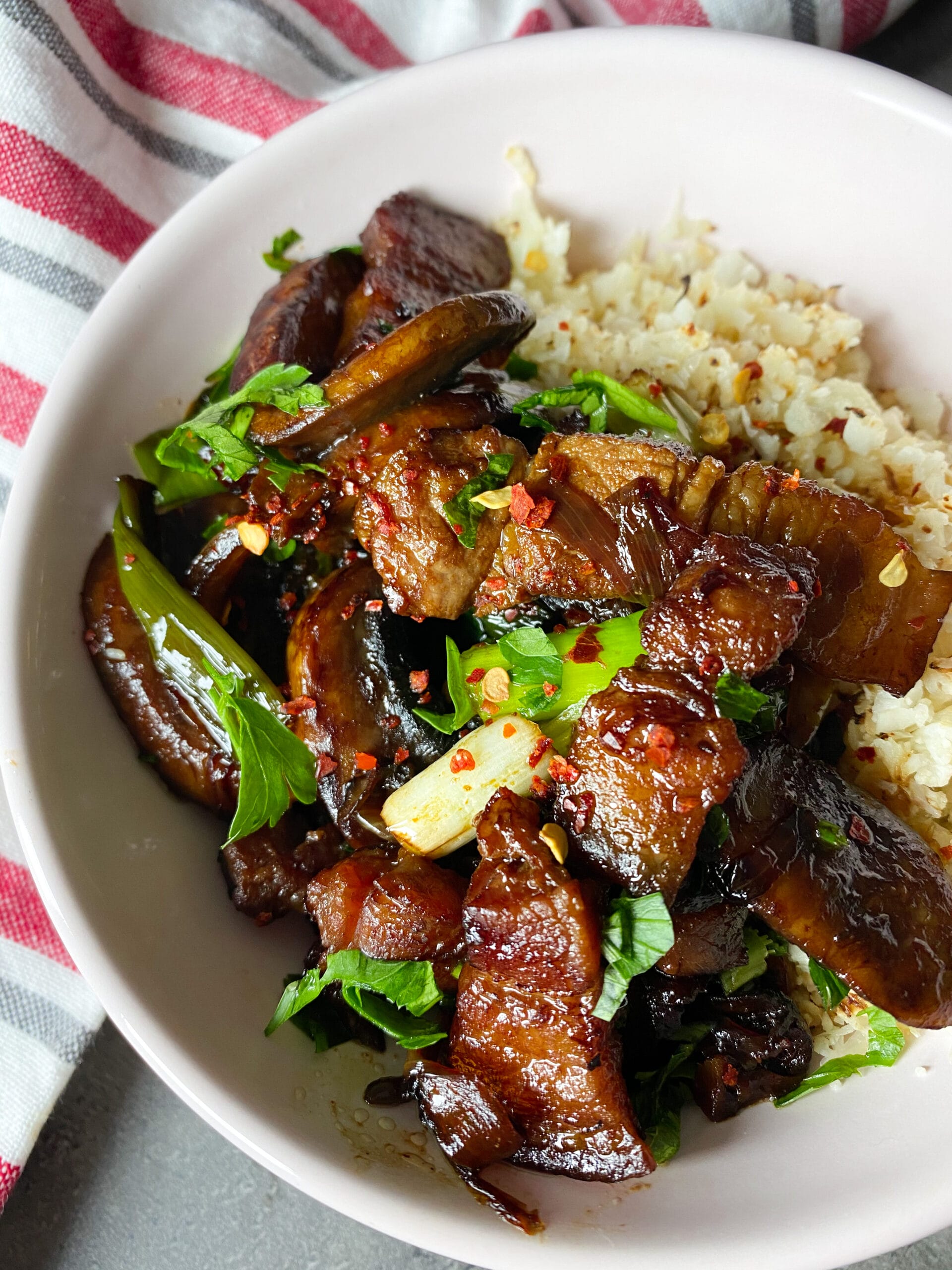 Picture of keto pork belly recipe with mushrooms