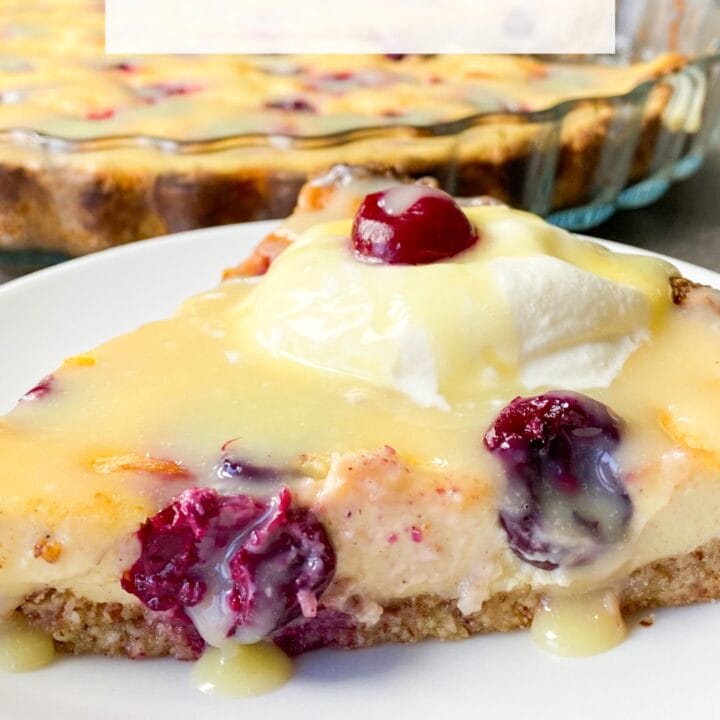 Photo of a slice of keto cherry cream pie with sugar-free white chocolate on top