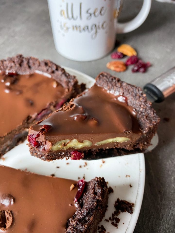 Picture of easy keto chocolate pecan tart with ganache