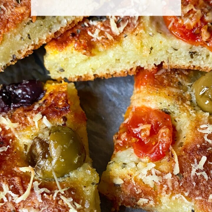Picture of keto fathead focaccia with olives and tomatoes