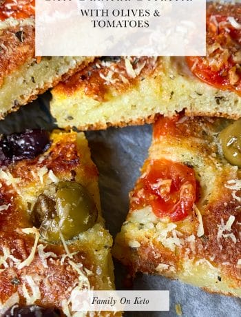 Picture of keto fathead focaccia with olives and tomatoes