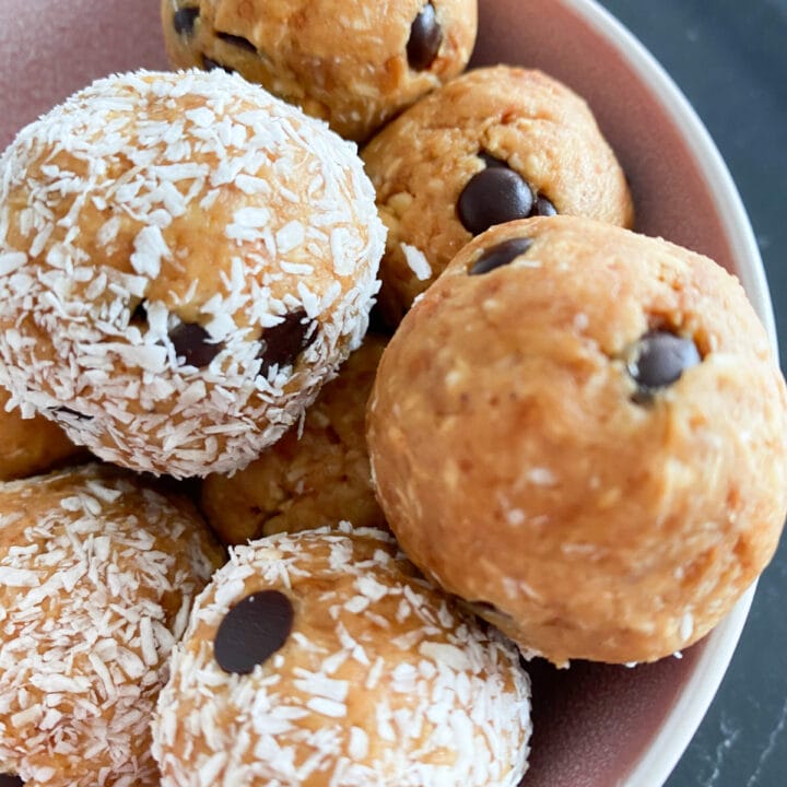 Picture of a bowl full of keto protein peanut butter balls no bake