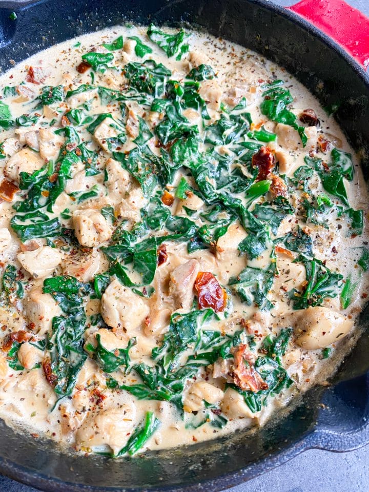 Picture of one pan keto Tuscan chicken with spinach