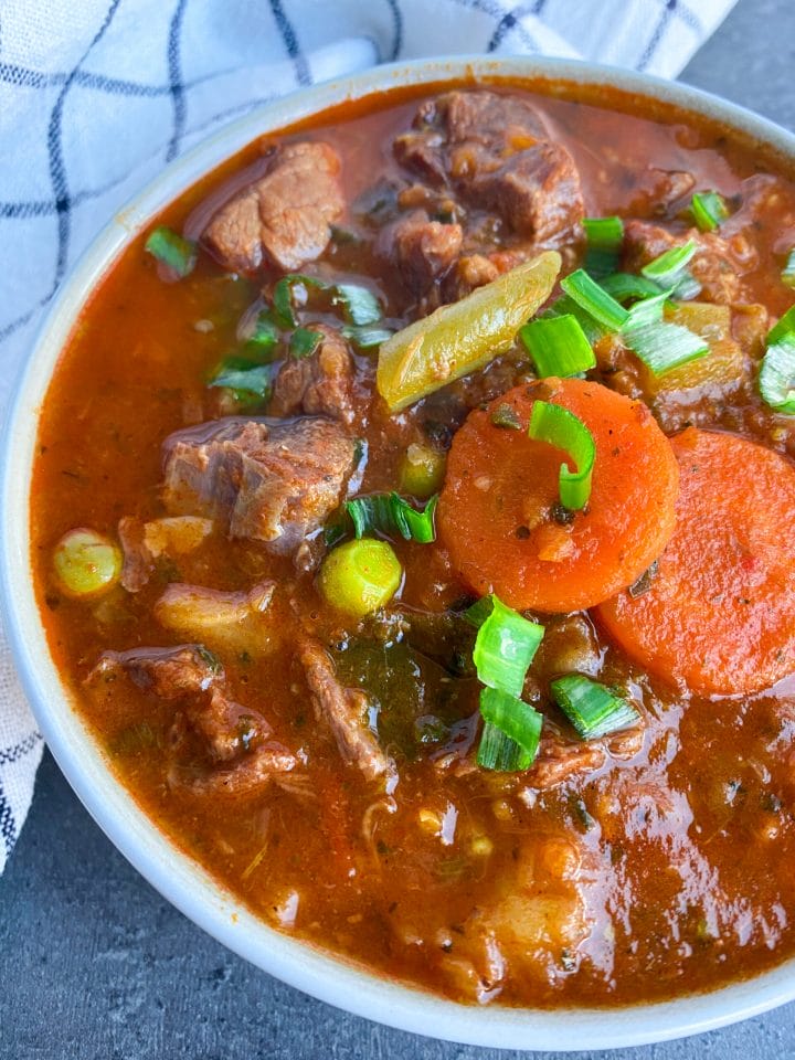 Picture of a bowl of low carb minestrone soup with beef