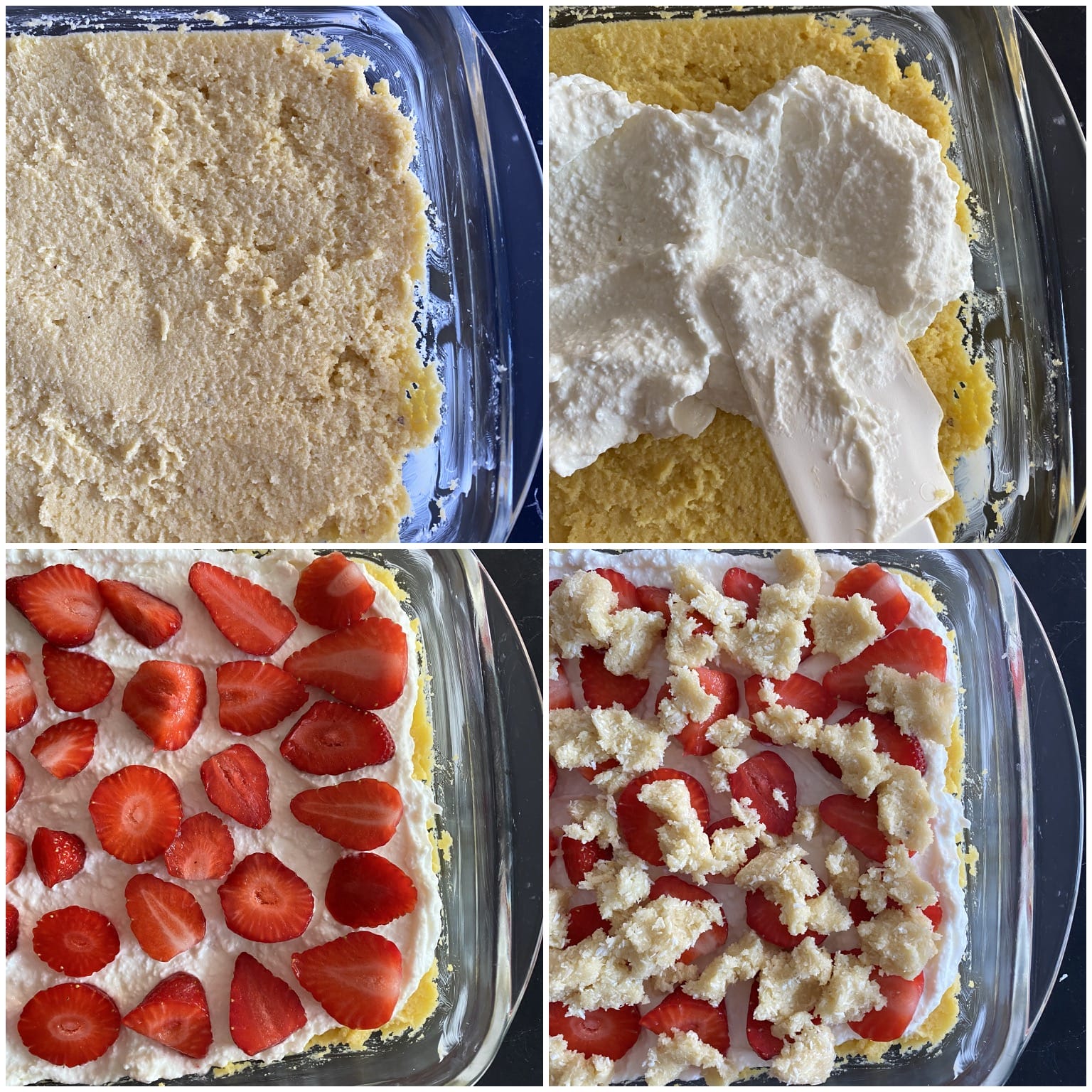 Picture of a procedure to assemble keto coffee cake with cream cheese and strawberries 