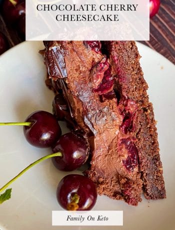 Picture of a slice of keto chocolate cherry cheesecake