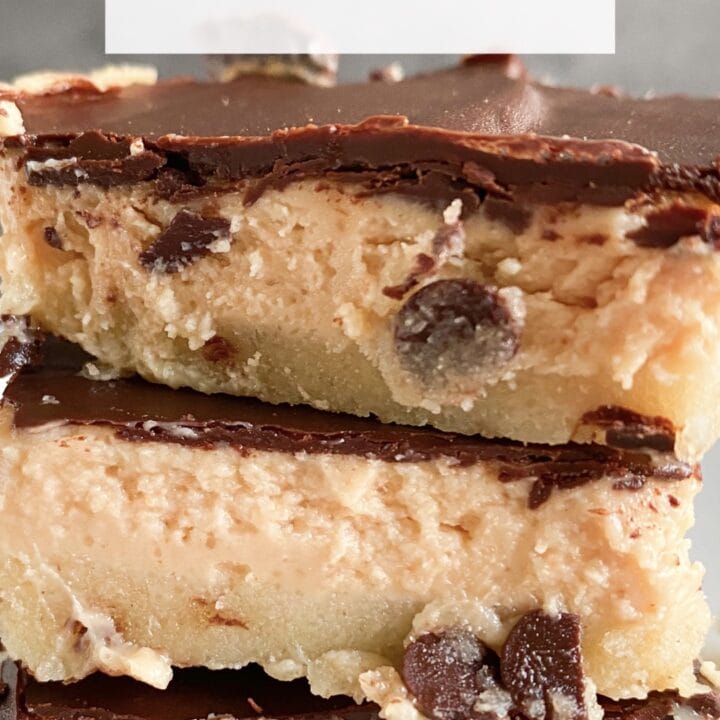 Picture of keto no bake cookie dough peanut butter cheesecake bars deck
