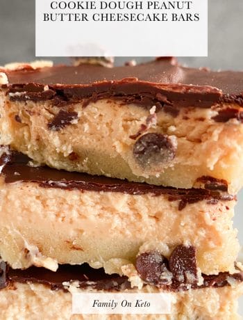 Picture of keto no bake cookie dough peanut butter cheesecake bars deck