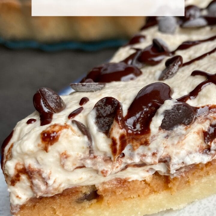 Picture of a slice of keto peanut butter cookie dough pie