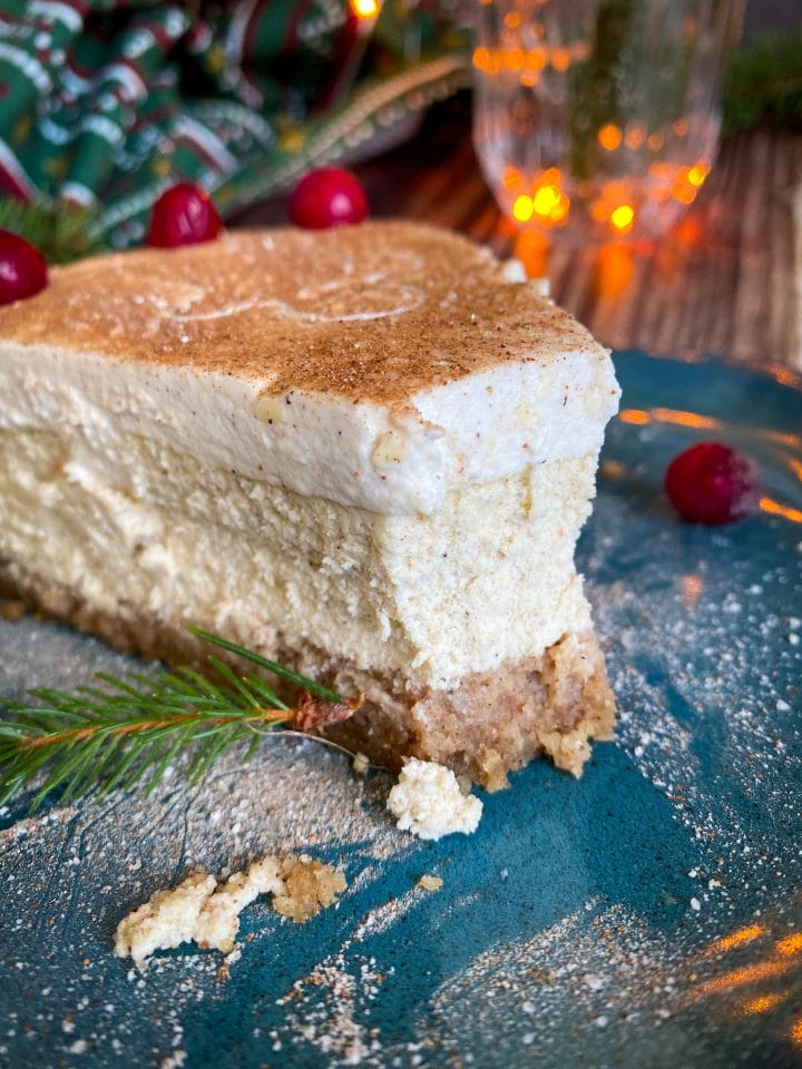 Slice of keto gingerbread cookie cheesecake