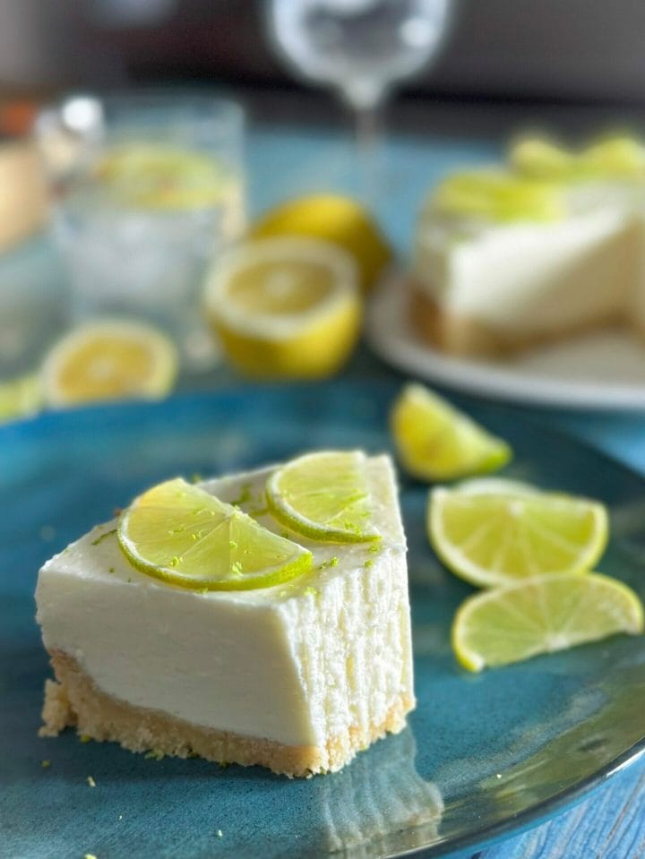 Slice of a low-carb gin & tonic cheesecake