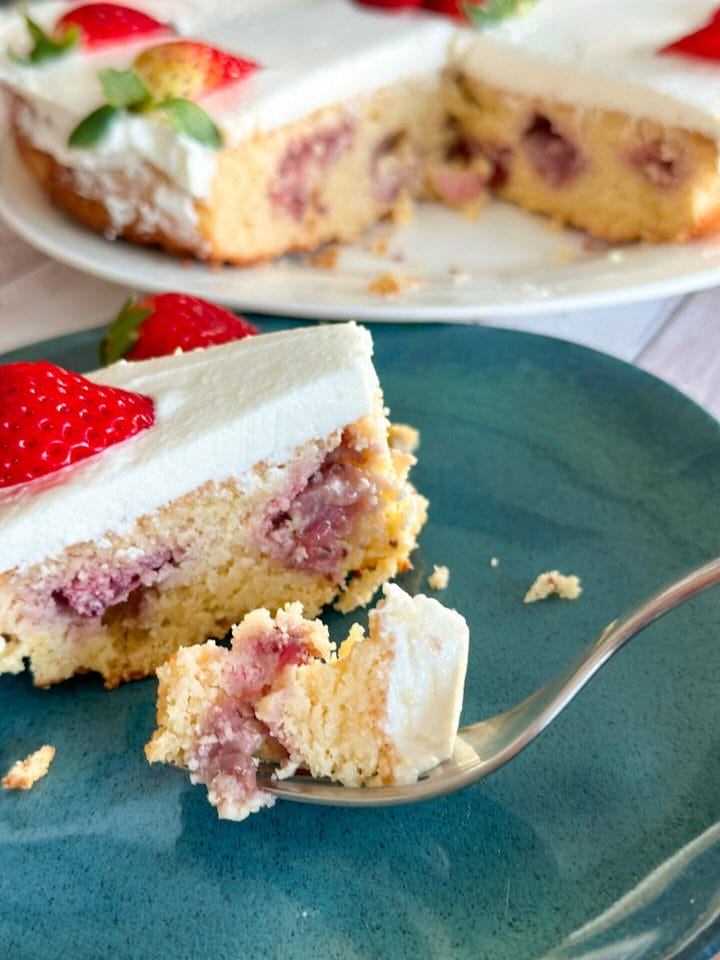 Picture of a piece of sugar free strawberry cake on a fork