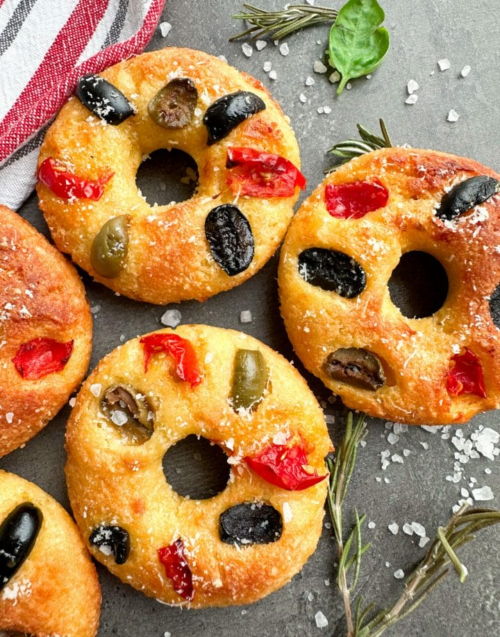 Keto focaccia donuts on a table