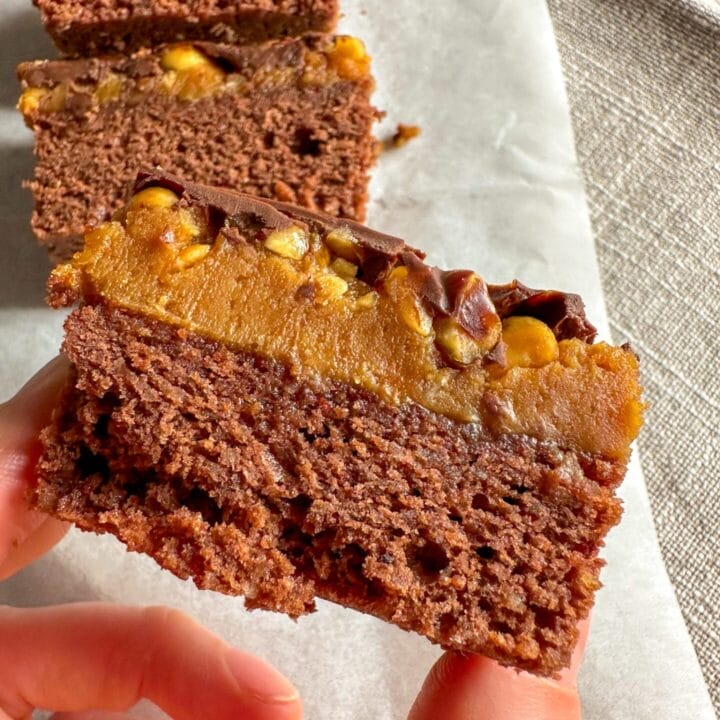 Picture of one slice of a keto Snickers Brownie