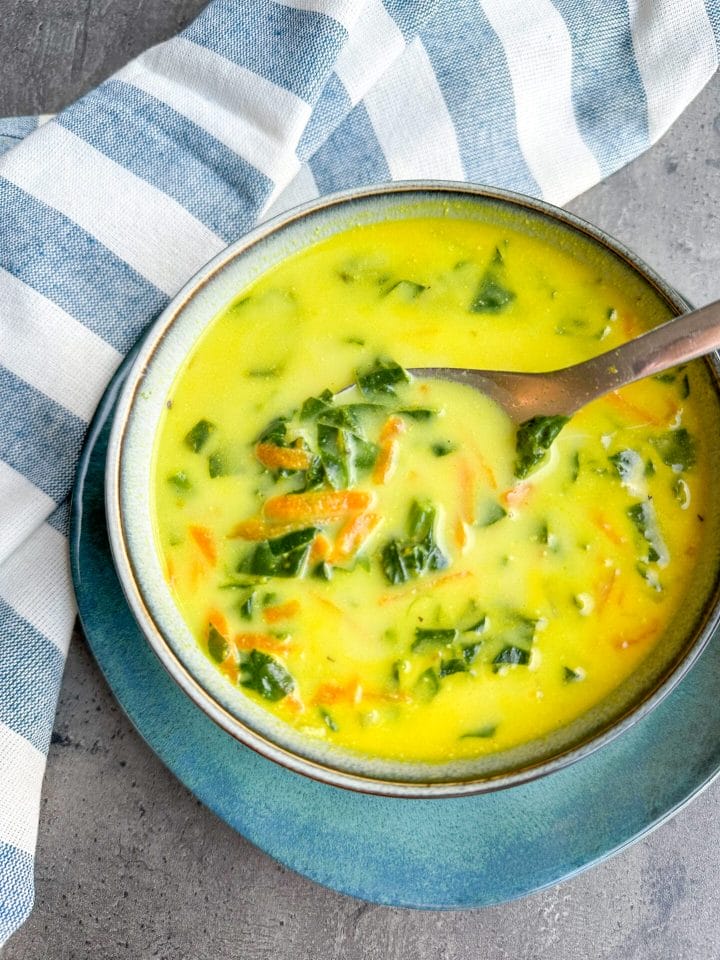 Picture of a bowl of the best keto spinach soup recipe
