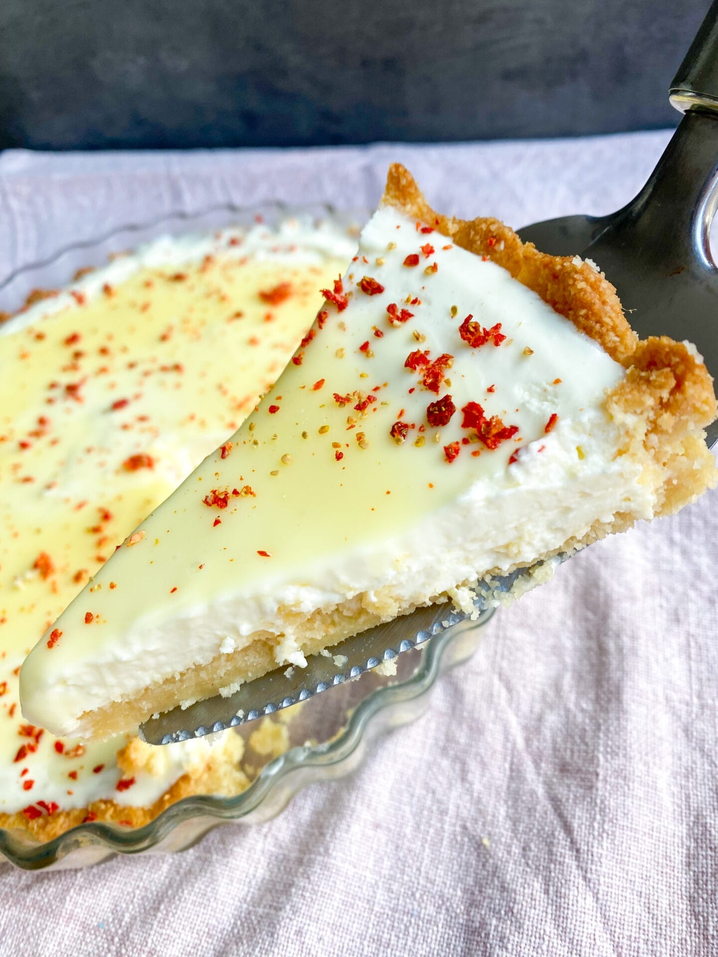 Picture of a slice of creamy keto white chocolate cream pie